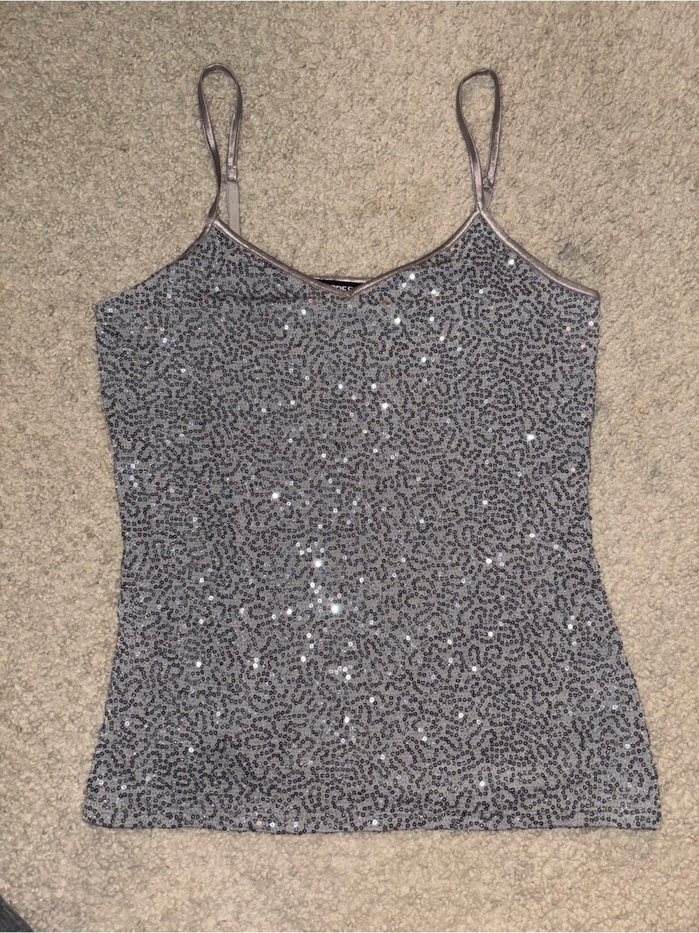 Vintage Express Y2K Sequin Spaghetti Strap Tank Top - Silver